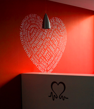 A mural for the British Heart Foundation offices based on their 2008 annual review by Sennep